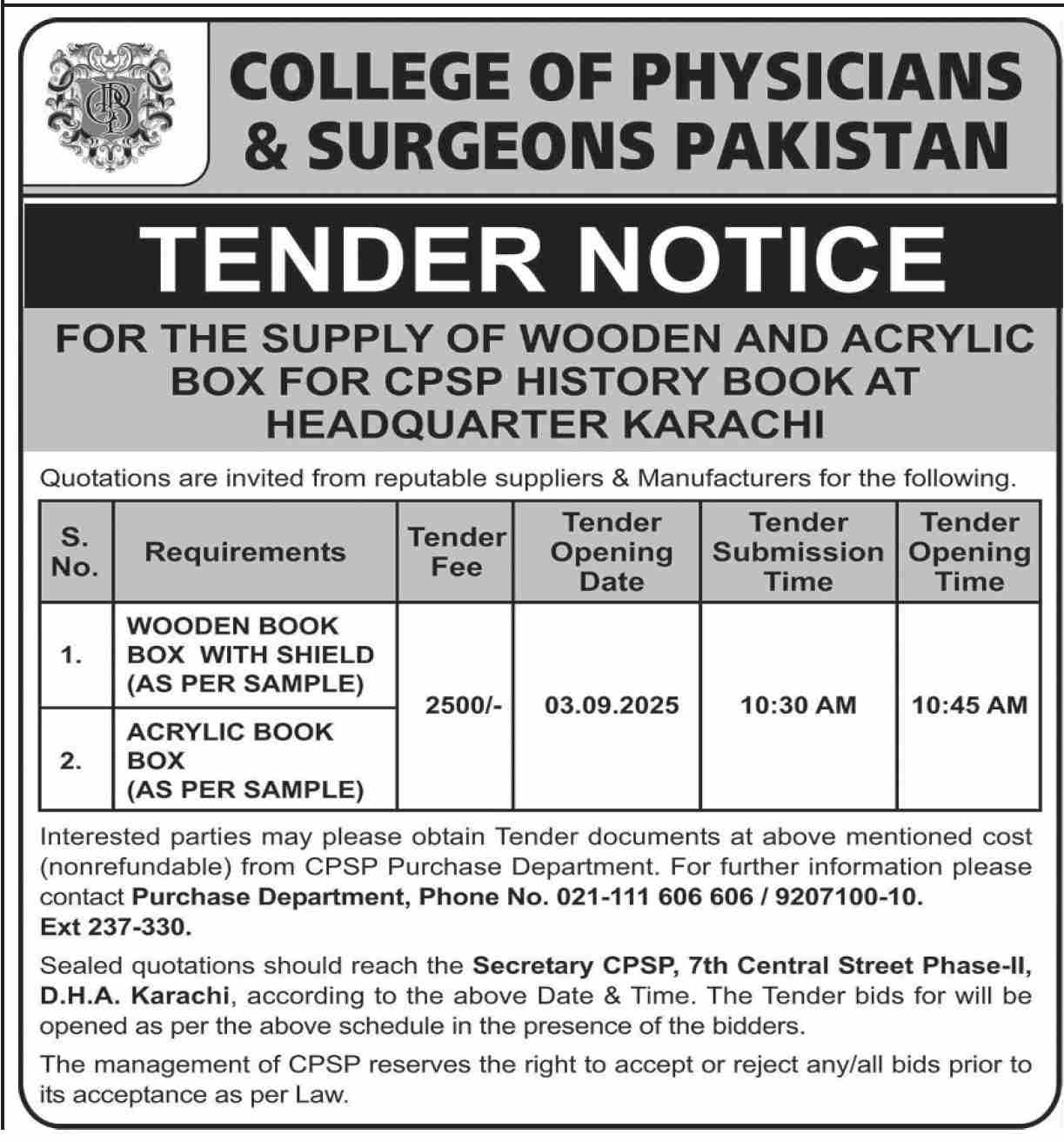 College of Physicians & Surgeons Pakistan Tender Notice